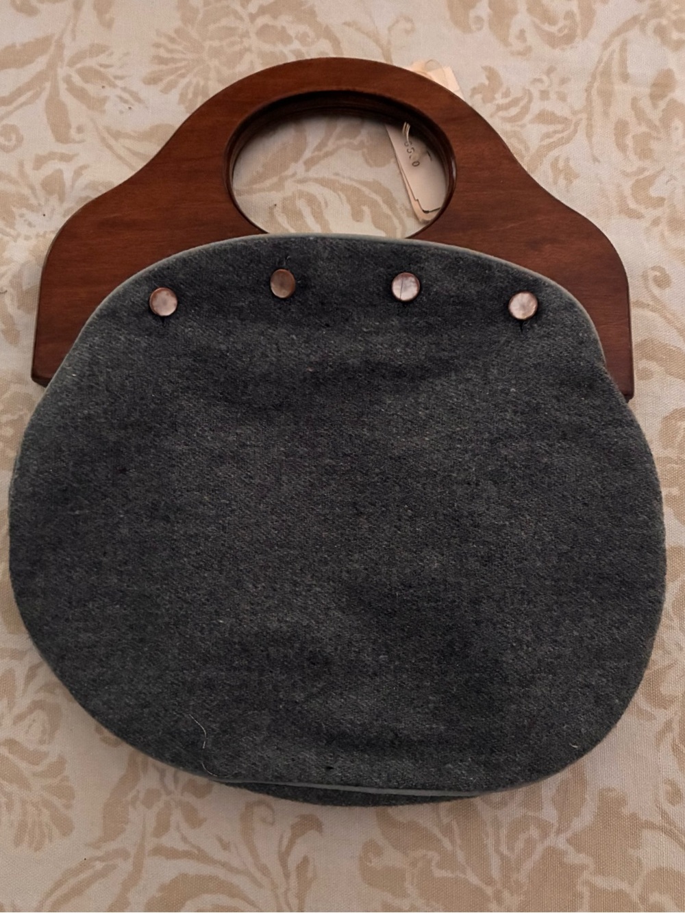 New Burlington Bermuda Bag Wood Handles Gray Wool Cover 4 Button 1970s Vintage